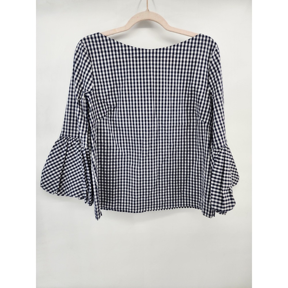 Laundry by Shelli Segal Navy Gingham Bell Sleeve Boat Neck Top Womens Size M